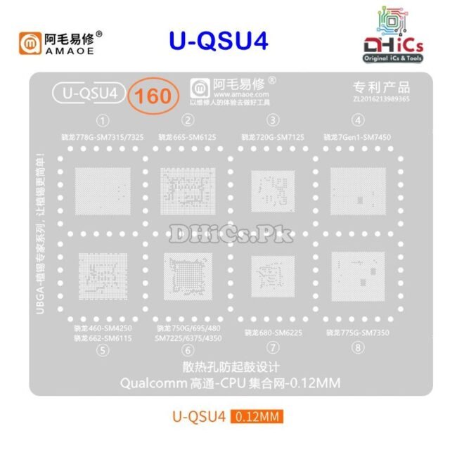U-QSU4 Stencil For Qualcomm CPU SM7315, 7325, 6125, 7125, 7450, 4250, 6115, 7225, 6375, 4350, 6225, 7350