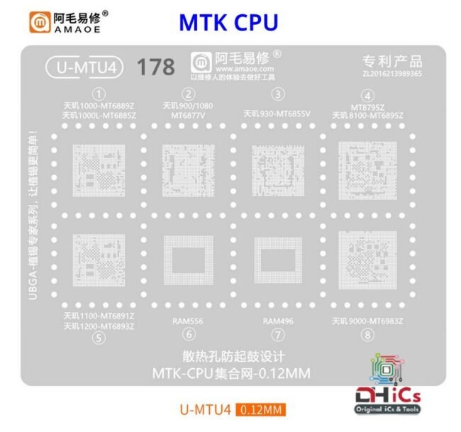 U-MTU4 Stencil For MTK CPU MT6889Z, MT6885Z, MT6877V, MT6855V, MT8795Z, MT6898Z, MT6891Z, MT6893Z, RAM556, RAM496, MT6983Z